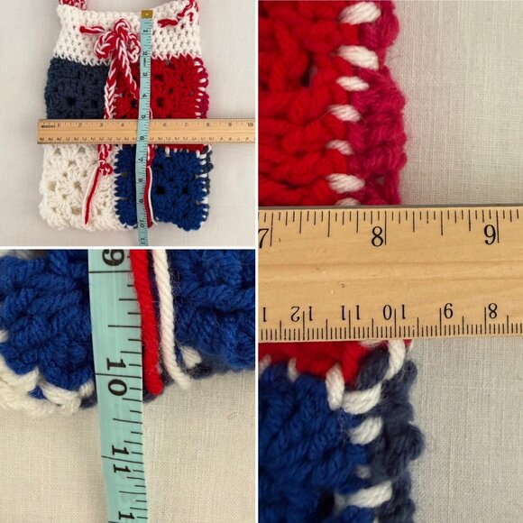 Handmade Crochet Small Shoulder Bag Granny Square Red White Blue Drawstring Tote - Picture 7 of 8